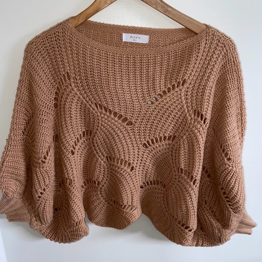 Elodie Cropped Oversized Scalloped Hem Crochet Bat Wing Sweater M Dusty Pink - Picture 3 of 10